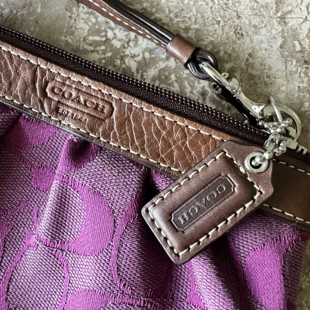 Coach Purple Logo Wristlet Bag with Brown Trim and Wrist Strap